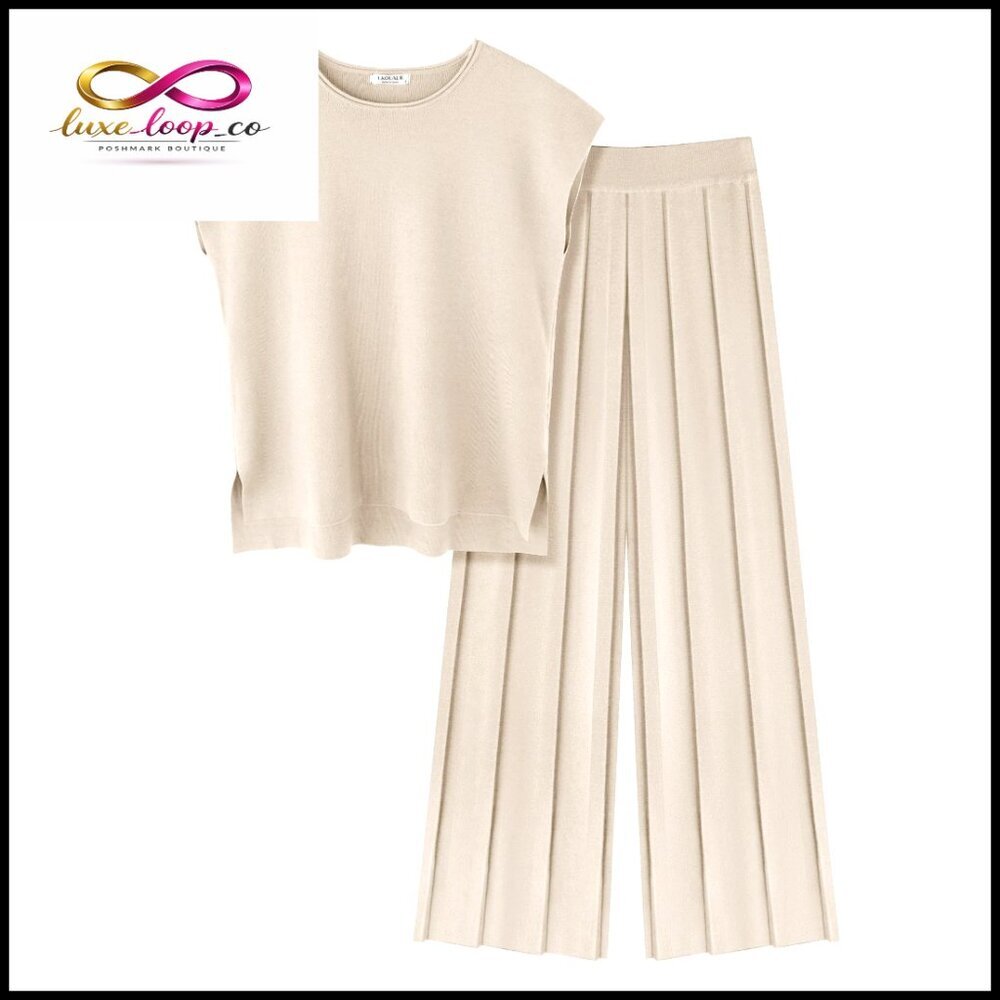 Medium Knit Lounge Set Cap Sleeve Top Wide Leg Pants Two Piece Outfit